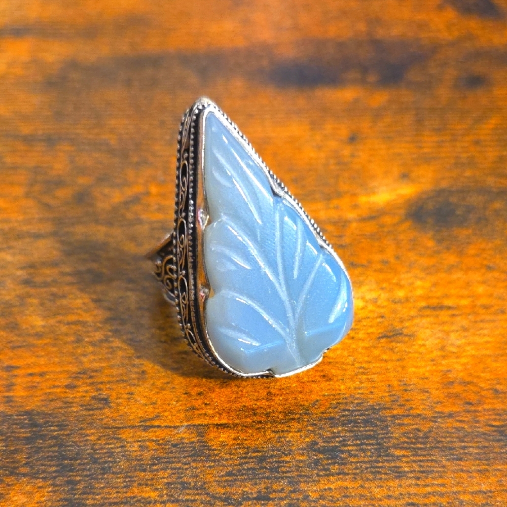Silver Plated Chalcedony Leaf Ring Size 8-8.5